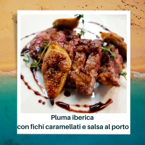 Pluma iberica con fichi caramellati e salsa al porto (miele, aceto vino bianco e senape grani)