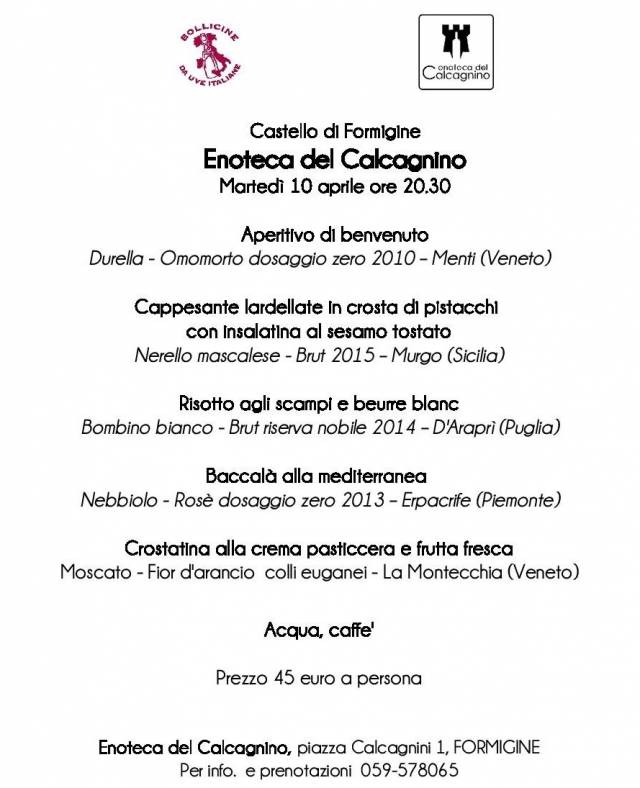 Castello di Formigine - Enoteca del Calcagnino - Martedì 10 aprile ore 20.30